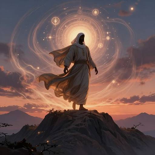 Silhouetted figure in flowing robe stands on rocky hill at sunset, surrounded by glowing celestial circles and stars, with mountains in the background. Digital