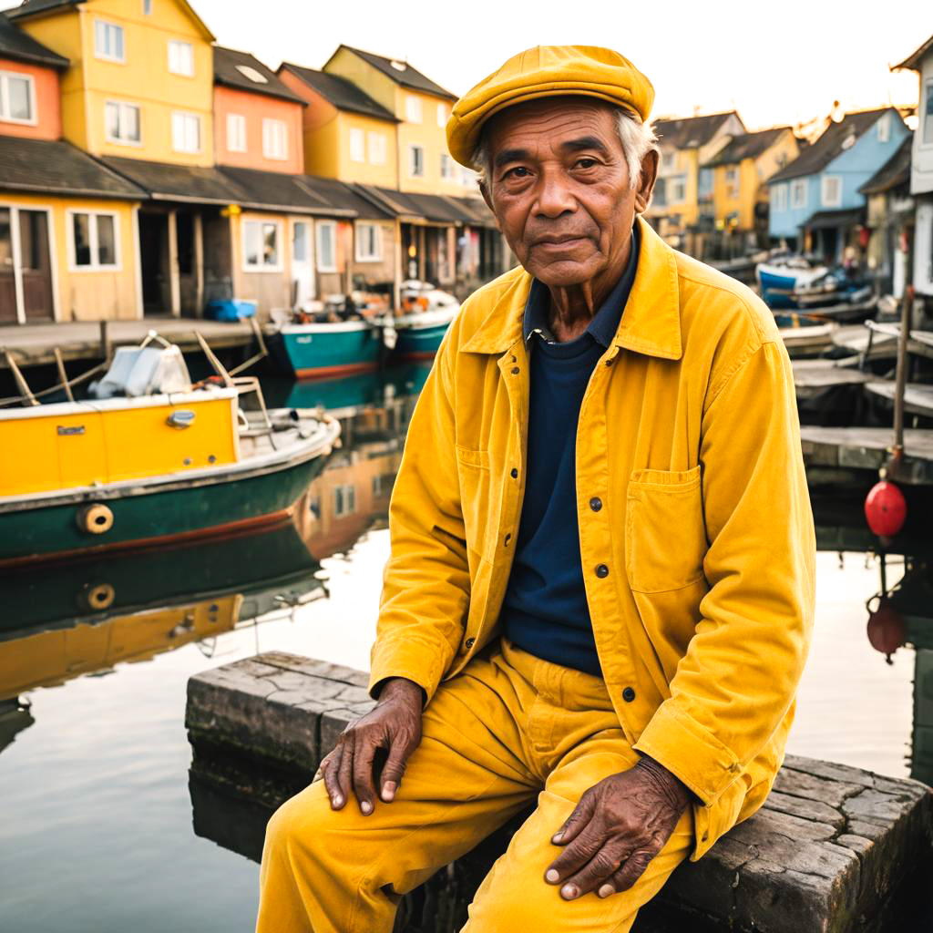 Elderly Fisherman in Quaint Village Scene