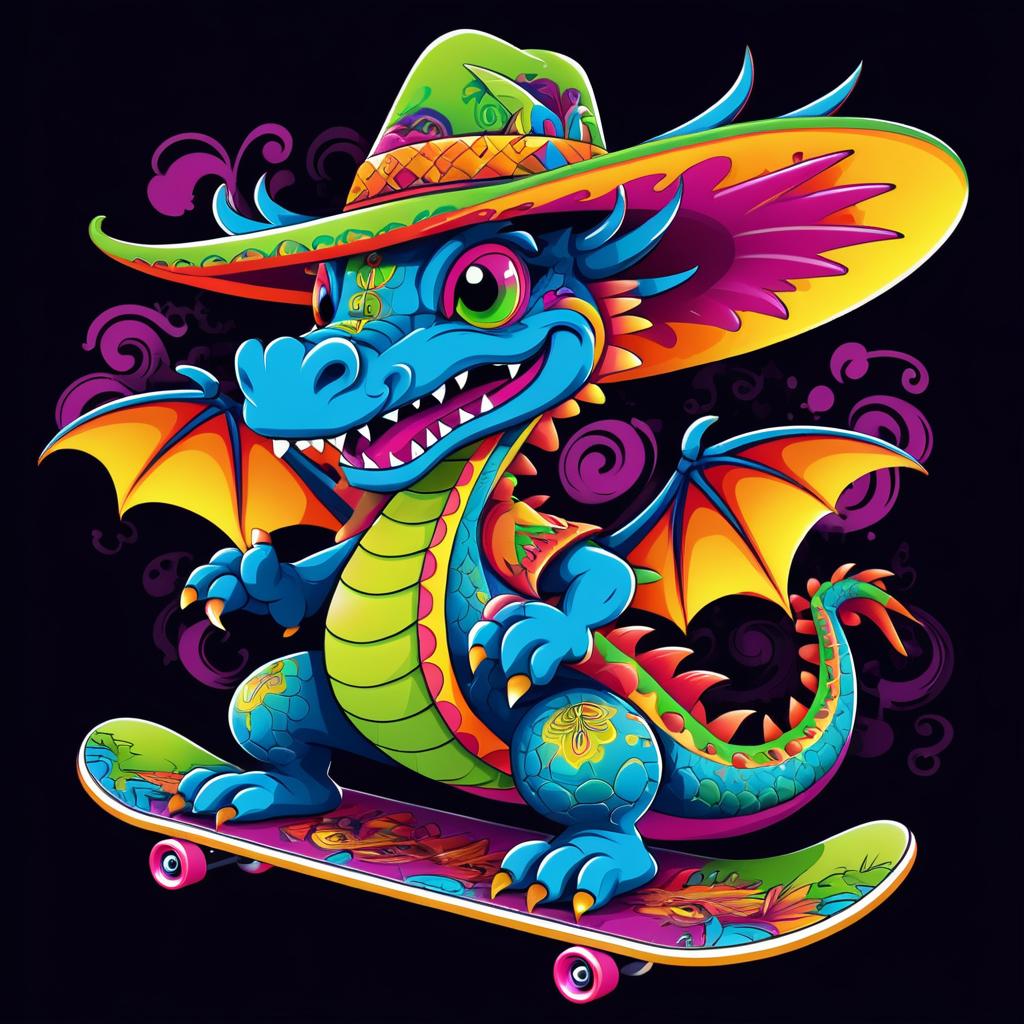 Vibrant Dragon Skateboarding in Sombrero