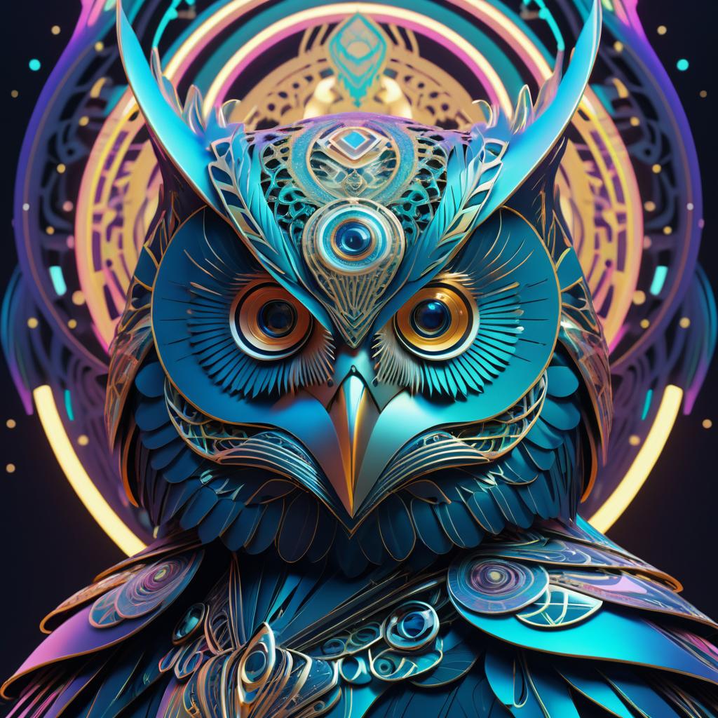 Intricate Cybernetic Owl in Rich Colors