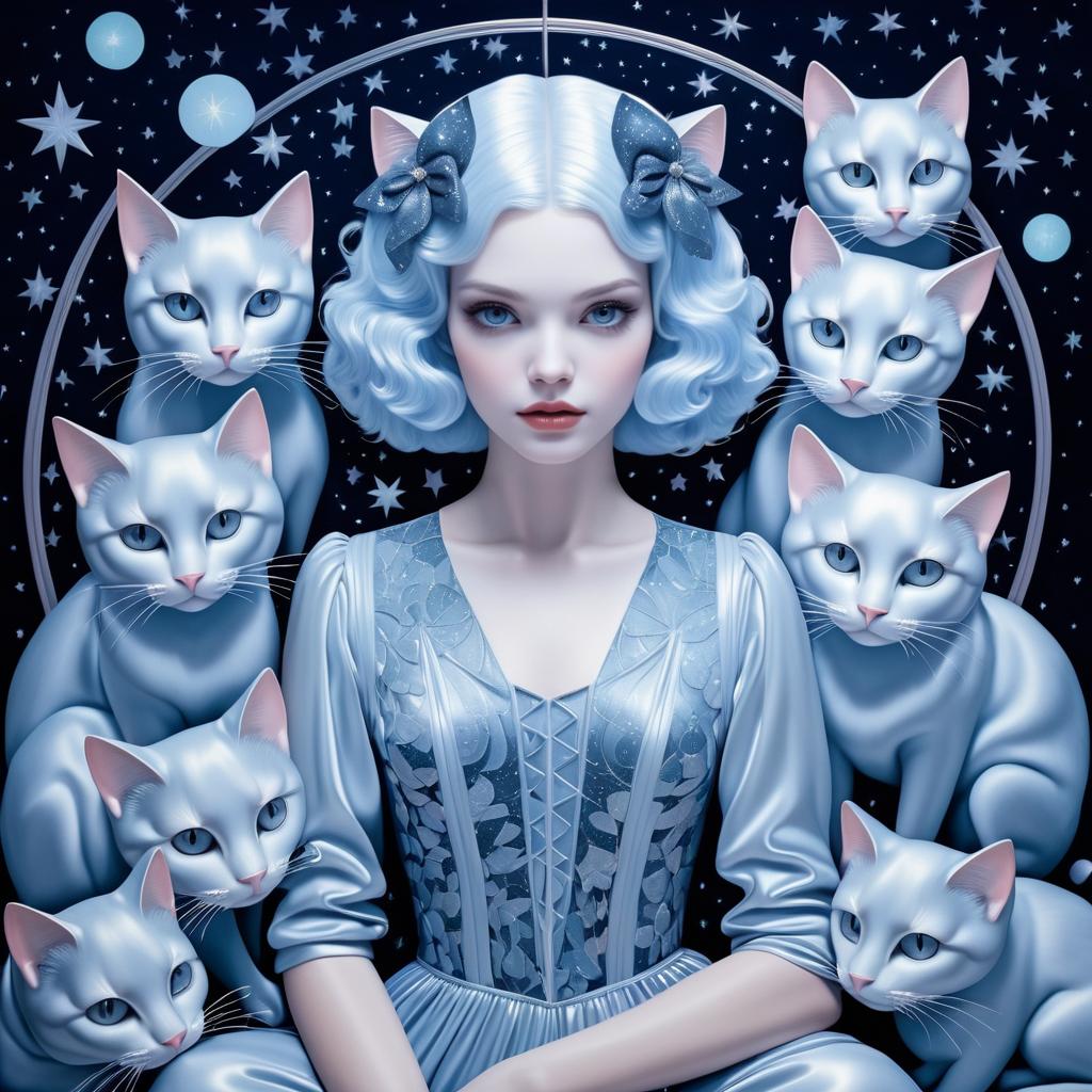 Enchanting Night Girl with Magical Cats