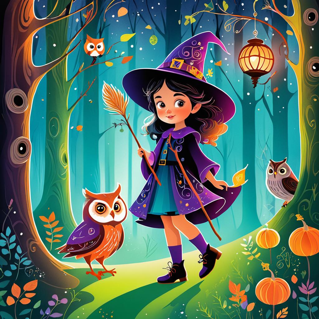 Curious Young Witch in Colorful Forest