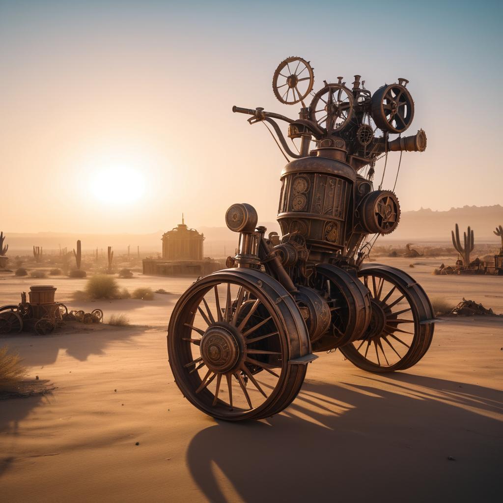 Giant Steampunk Tricycle in Desert Sunrise