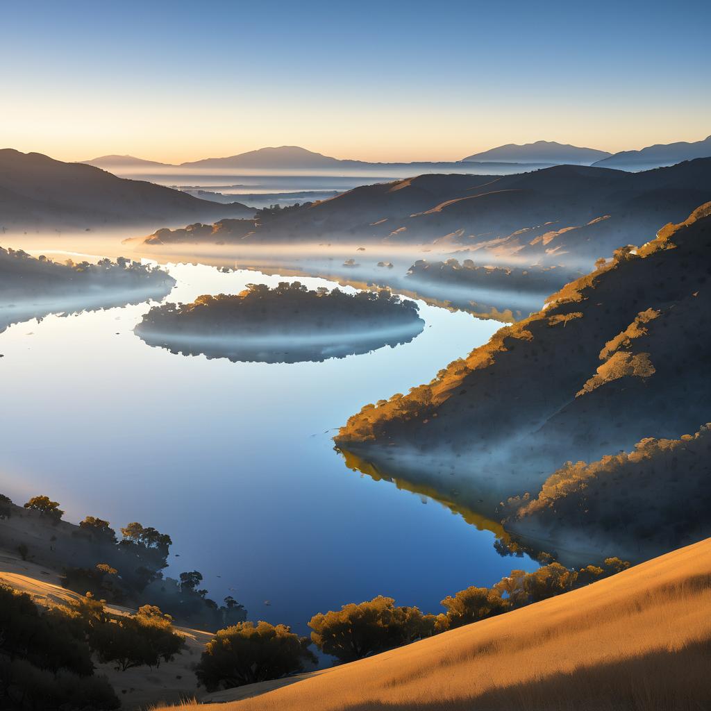 Serene Misty Foothills and Lakes