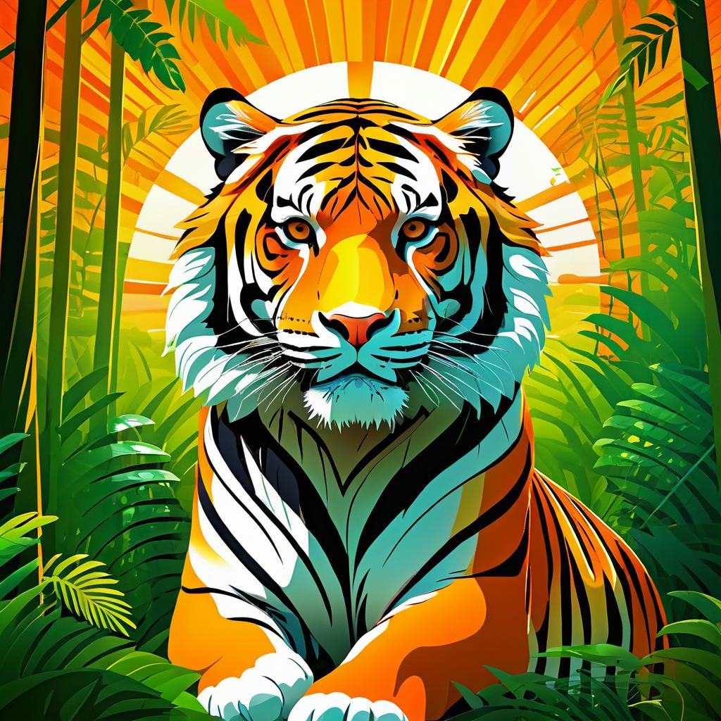 Majestic Cartoon Tiger in Sunlit Rainforest