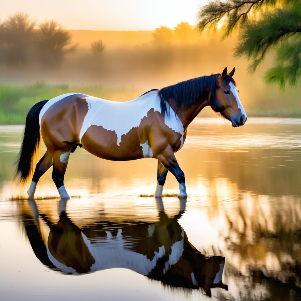 Serene Dawn at the Riverbank with Horse