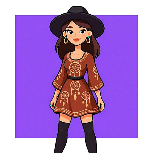 Digital cartoon of a smiling woman with dark brown hair, wearing a black hat, brown dress with dreamcatcher patterns, black thigh-high socks, and