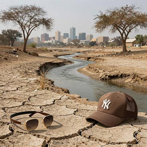 Retro Accessories on Dry Riverbed near City Skyline