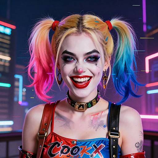 Photorealistic CGI of Harley Quinn with colorful pigtails, white face paint, red lipstick, leather overalls, collar, neon-lit city
