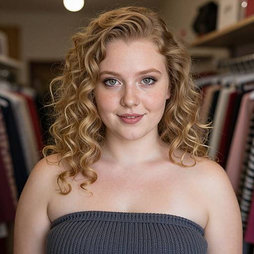 Photograph of a fair-skinned, curly-haired woman with blue eyes, wearing a strapless black knit top, standing in a cluttered clothing store