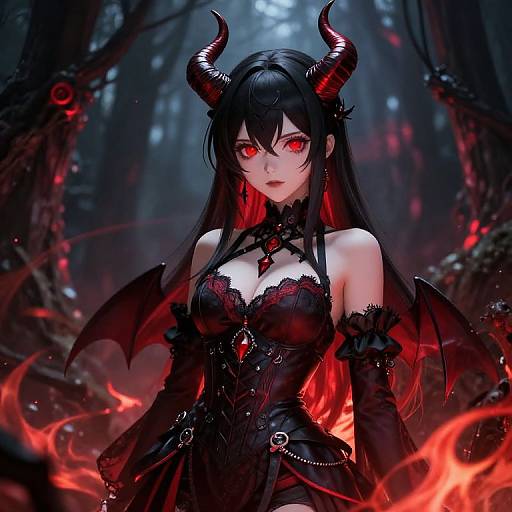 Digital anime-style illustration of a black-haired demon woman with red eyes, black horns, bat wings, and red glowing flames in a dark forest. She