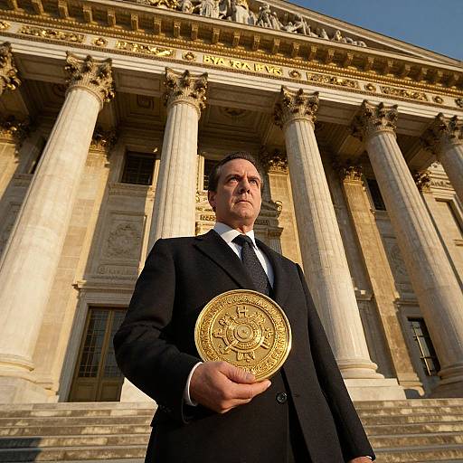 Photograph of a middle-aged man in a black suit holding a gold medal in front of a grand neoclassical building with tall columns and a