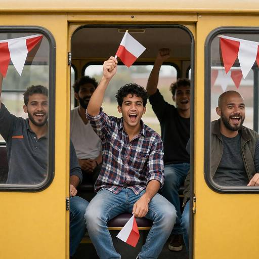 Cheering Men on Yellow Bus