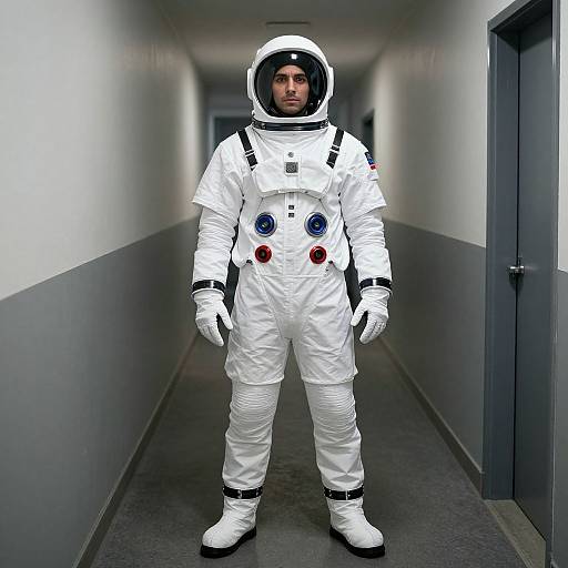 Photograph of a man in a white astronaut suit with colorful control panels, standing in a narrow, grey hallway with white walls.