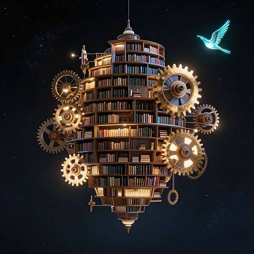 Steampunk library floating in space with glowing gears, illuminated books, and a blue hummingbird in the dark night sky. Digital art.