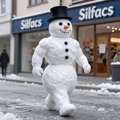 Photograph of a snowman wearing a black top hat, black buttons, and a carrot nose, walking on a snowy street in front of a S