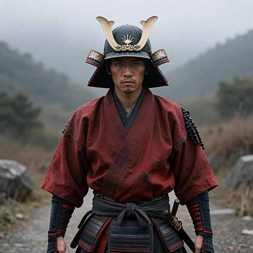 Resilient Samurai Ronin in Misty Mountain Pass