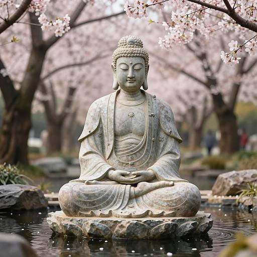 Photograph of a serene stone Buddha statue seated in meditation on a lotus flower, surrounded by cherry blossom trees and a calm pond.