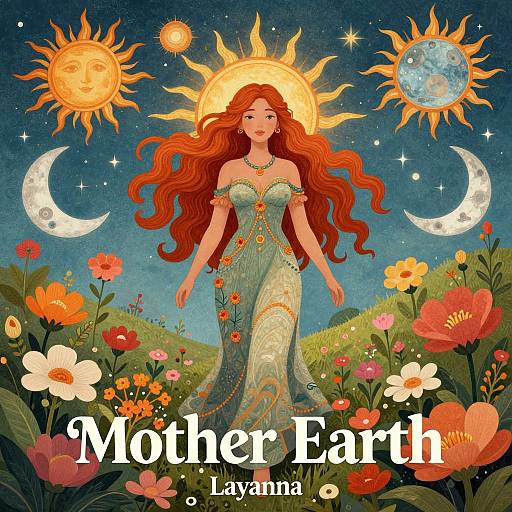 Digital illustration of a red-haired woman in a flowing, floral-patterned dress, surrounded by suns, moons, and flowers, with text 