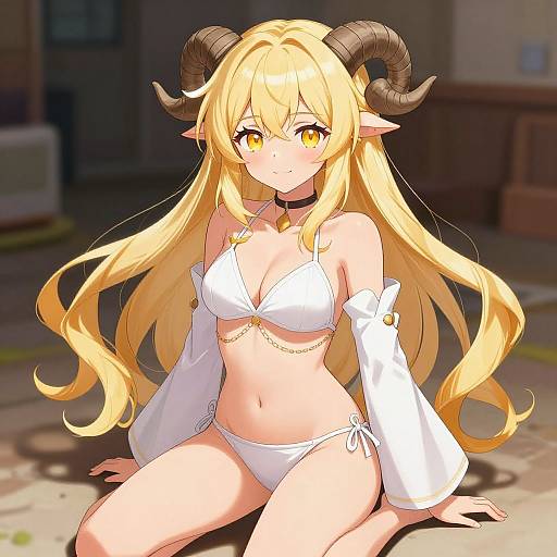 Anime-style digital drawing of a blonde, horned, yellow-eyed girl in a white bikini, sitting on a floor in a dimly lit room.