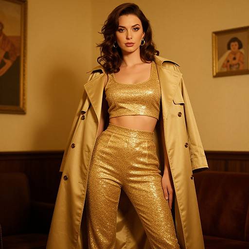Photograph of a confident woman with wavy brown hair, wearing a gold glitter crop top and pants, with a beige trench coat, standing in a