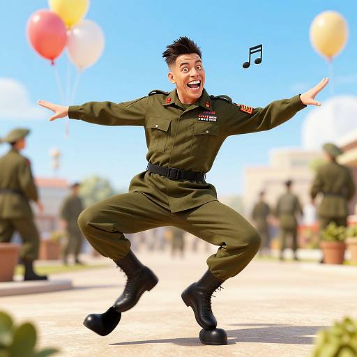 Whimsical Dancing Man in Military Uniform