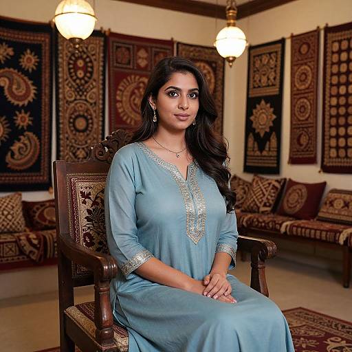Photograph of a young South Asian woman with long black hair, wearing a light blue traditional kameez with silver embroidery, seated in an ornately
