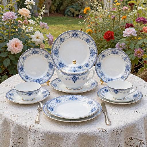 Photograph of a delicate blue-and-white china tea set on a lace-covered table, surrounded by vibrant garden flowers, with silver utensils.