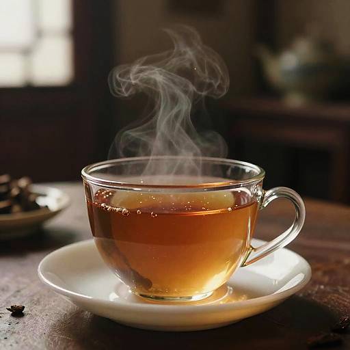 Photograph of a steaming glass teacup filled with amber tea, resting on a white saucer, with soft, warm light and blurred background