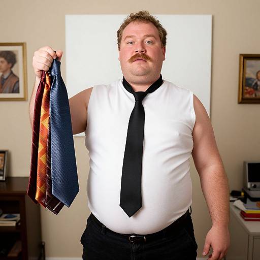 Photograph of a heavyset man with a mustache, wearing a white sleeveless shirt and black tie, holding a colorful tie in his right hand