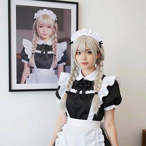 Photograph of an Asian woman with long blonde braids in a black and white French maid outfit, standing in front of a framed picture of herself in