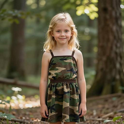 Blonde Girl in Camouflage Dress in Forest