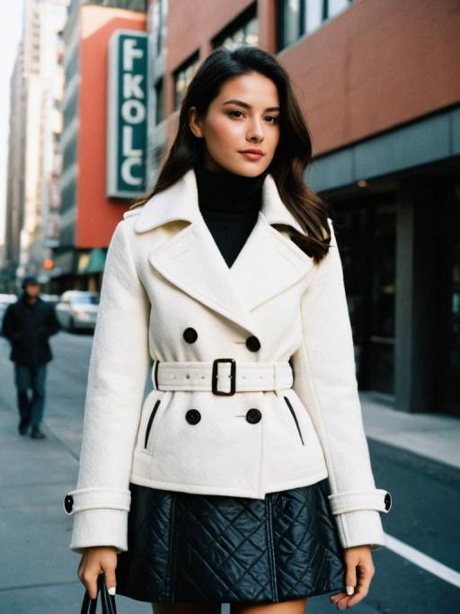 Stylish Woman in White Peacoat and Black Quilted Skirt