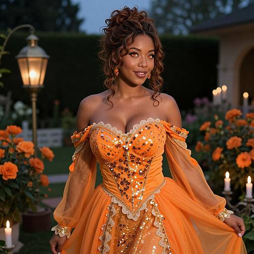 Photograph of a beautiful, dark-skinned woman with curly hair in an off-shoulder, orange, sequined gown, standing in a garden