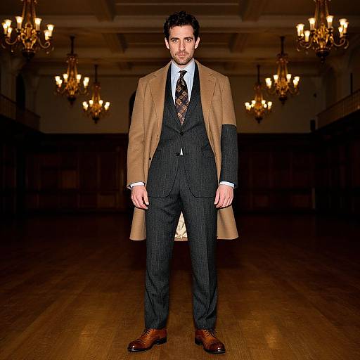 Photograph of a handsome man with dark hair and beard, wearing a tan blazer, black pinstripe suit, white shirt, and patterned