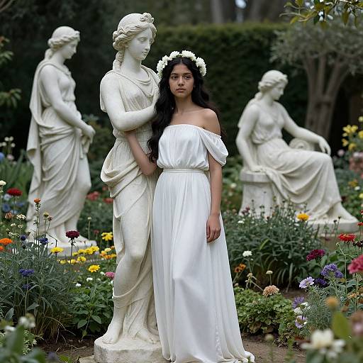 Photograph of a young woman with long black hair, wearing a white off-shoulder dress and floral crown, standing beside white classical statues in a