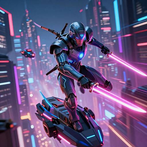 Cybernetic warrior in neon-lit city, wielding glowing pink laser, flying on futuristic hoverbike. Vibrant, futuristic CGI scene with colorful