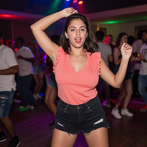 Photograph of a Latina woman with long black hair, wearing a coral ruffled top and black denim shorts, dancing energetically in a dimly