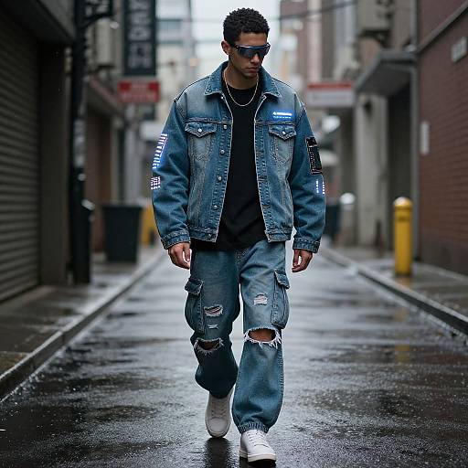 Photograph of a stylish man in a blue, ripped denim jacket and pants, white sneakers, black t-shirt, and sunglasses, walking down a wet