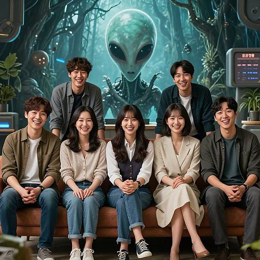 Photograph of six smiling Asian friends in casual clothes, seated in front of a large alien head hologram in a futuristic lab.