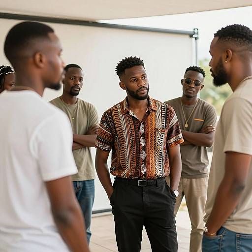 Photograph of six Black men standing in a sunlit room, wearing casual clothes; central man in patterned shirt, others in t-shirts and jeans