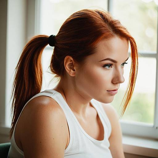 Photograph of a fair-skinned, red-haired woman with a ponytail, wearing a white tank top, gazing thoughtfully to the right,