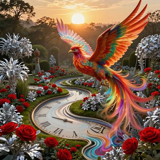 Surreal Garden with Phoenix and Melting Clocks