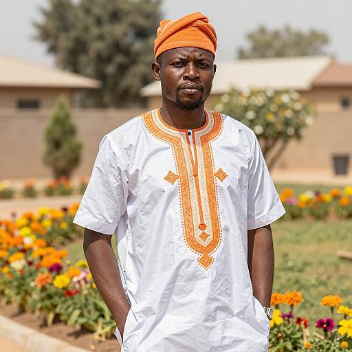 African Man in Traditional White and Orange Attire