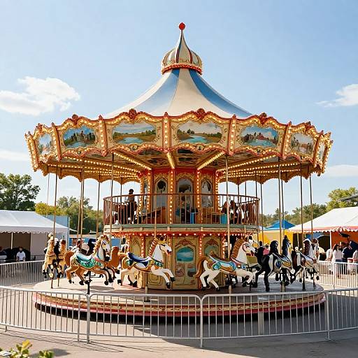 Photograph of a colorful, vintage carousel with ornate lights, painted horses, and riders, under a bright blue sky with white tents.