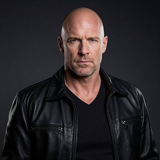 Photograph of a bald, middle-aged Caucasian man with a serious expression, wearing a black leather jacket over a black V-neck shirt, against a dark