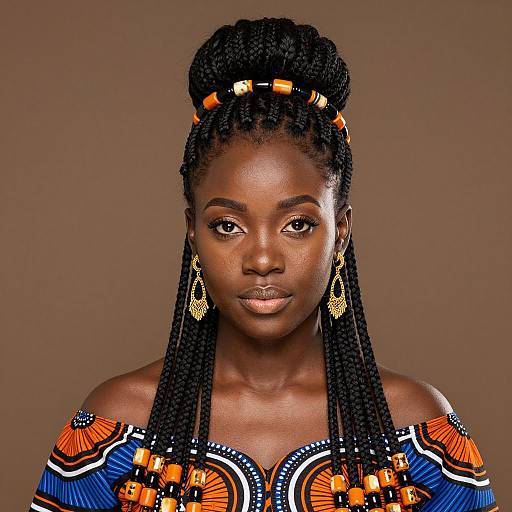 Portrait of Young African Woman with Braided Hair and Traditional Dress