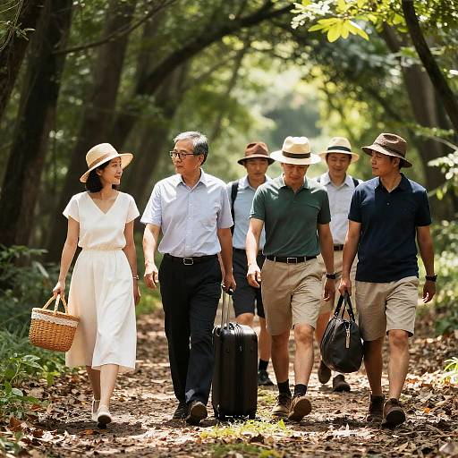 Group Stroll in a Sunlit Forest