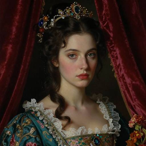 Digital portrait of a young, fair-skinned princess with dark curly hair, wearing a jeweled crown and ornate, lace-trimmed teal gown