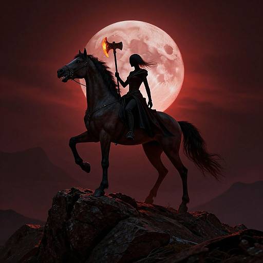 Silhouetted warrior with torch on rearing horse against red moonlit sky, rocky mountain foreground. Digital artwork, dark fantasy style.